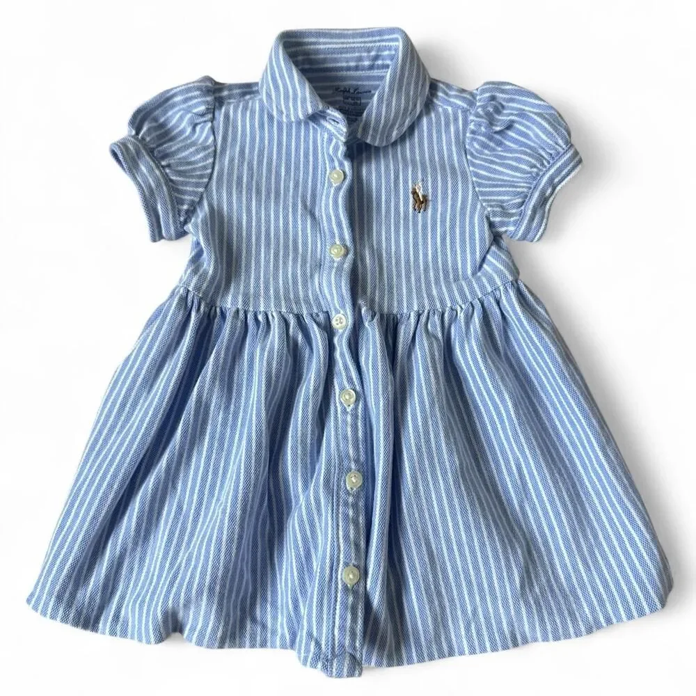 Ralph Lauren Baby Girl Blue Striped Polo Dress with Bloomers | 6 Months